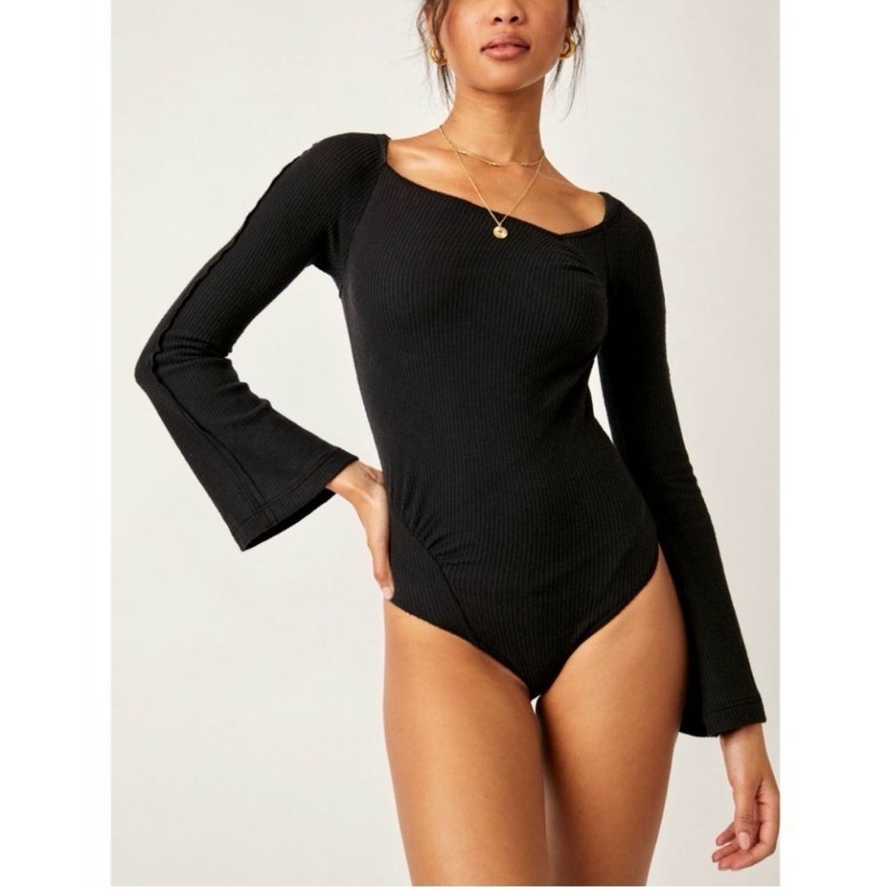 NWT Free People Intimately On A Cloud Bodysuit Small Black Bell Sleeves Minimal